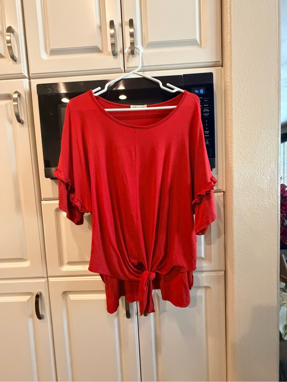 pebble and stone Red Tie-Front Ruffle Sleeve Tunic